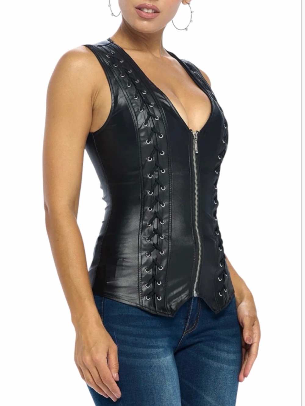 Oh Yes! Faux Leather Front Lace-Up Zip-Up Corset Top - Picture 8 of 11